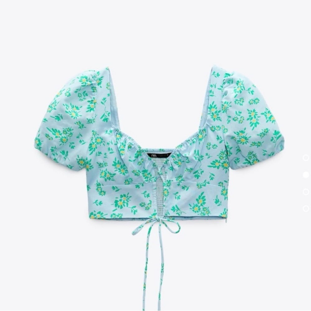 Zara Floral Puff Sleeve Crop Top with Tie Front